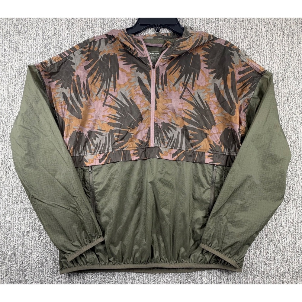 prAna Windbreaker Men Small Green Palm Print Half Zip Hooded Jacket W21212411